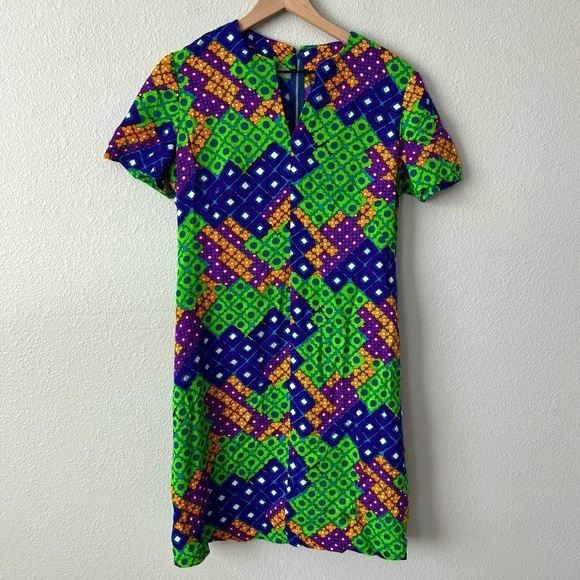 Vintage Dresses & Skirts - Vintage Retro 70's Bright Colorful Floral Geometric Midi Dress- Size Large